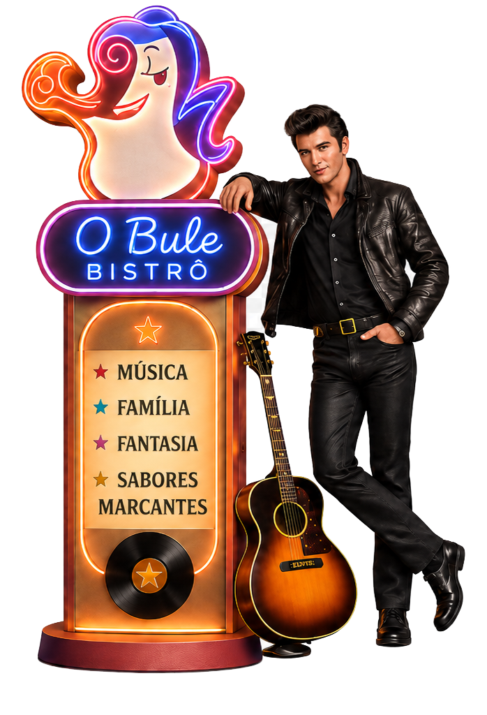 Elvis encostado no totem do O Bule Bistrô